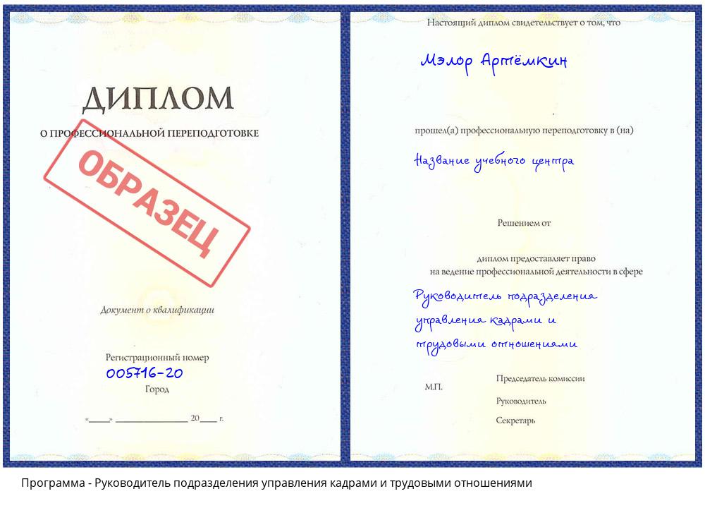 Руководитель подразделения управления кадрами и трудовыми отношениями Кольчугино
