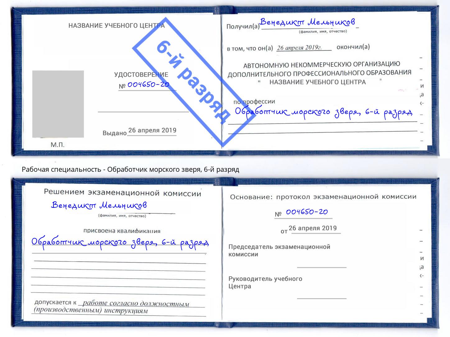 корочка 6-й разряд Обработчик морского зверя Кольчугино