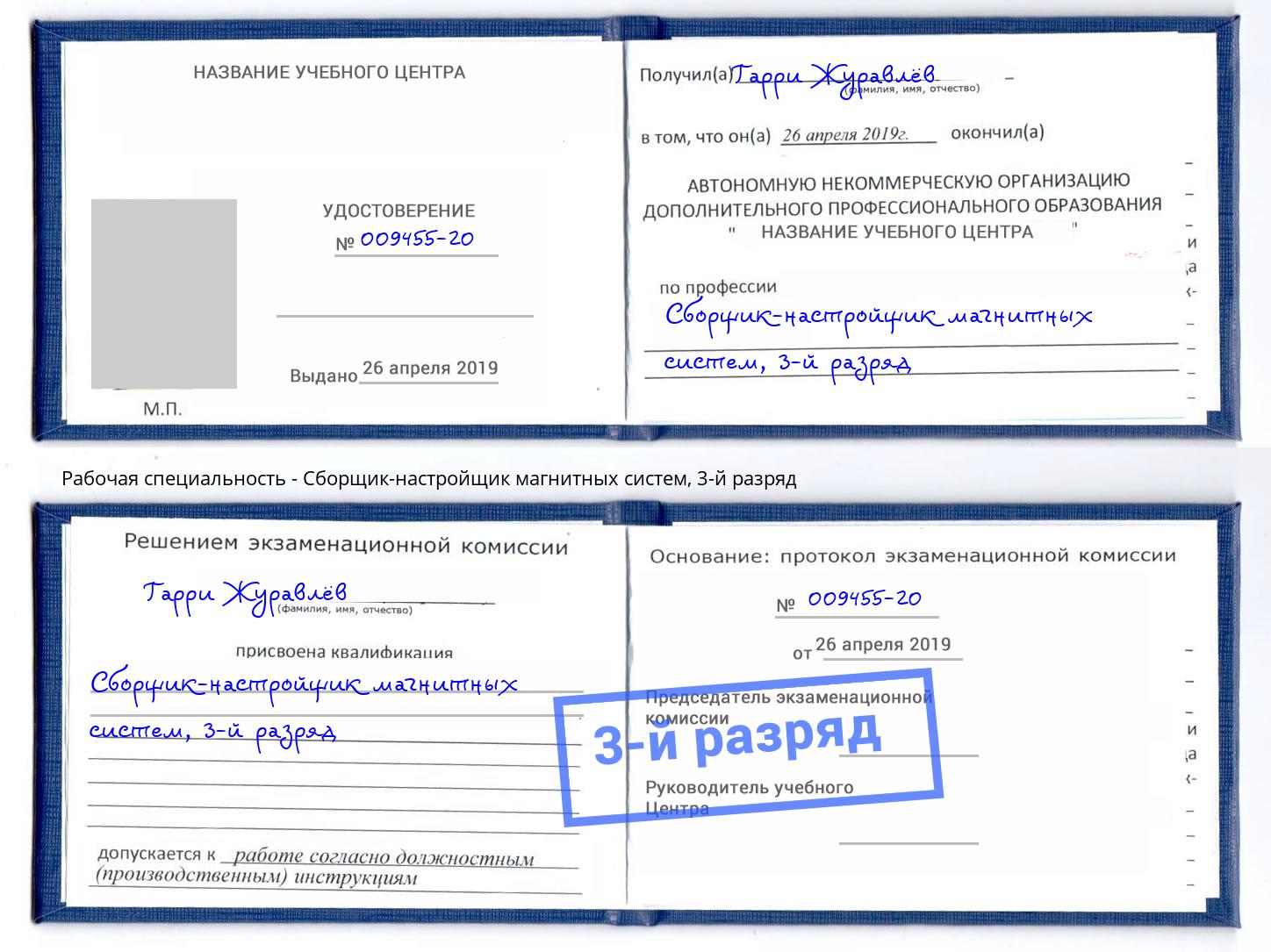 корочка 3-й разряд Сборщик-настройщик магнитных систем Кольчугино