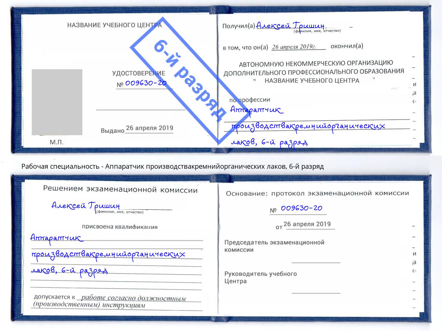 корочка 6-й разряд Аппаратчик производствакремнийорганических лаков Кольчугино