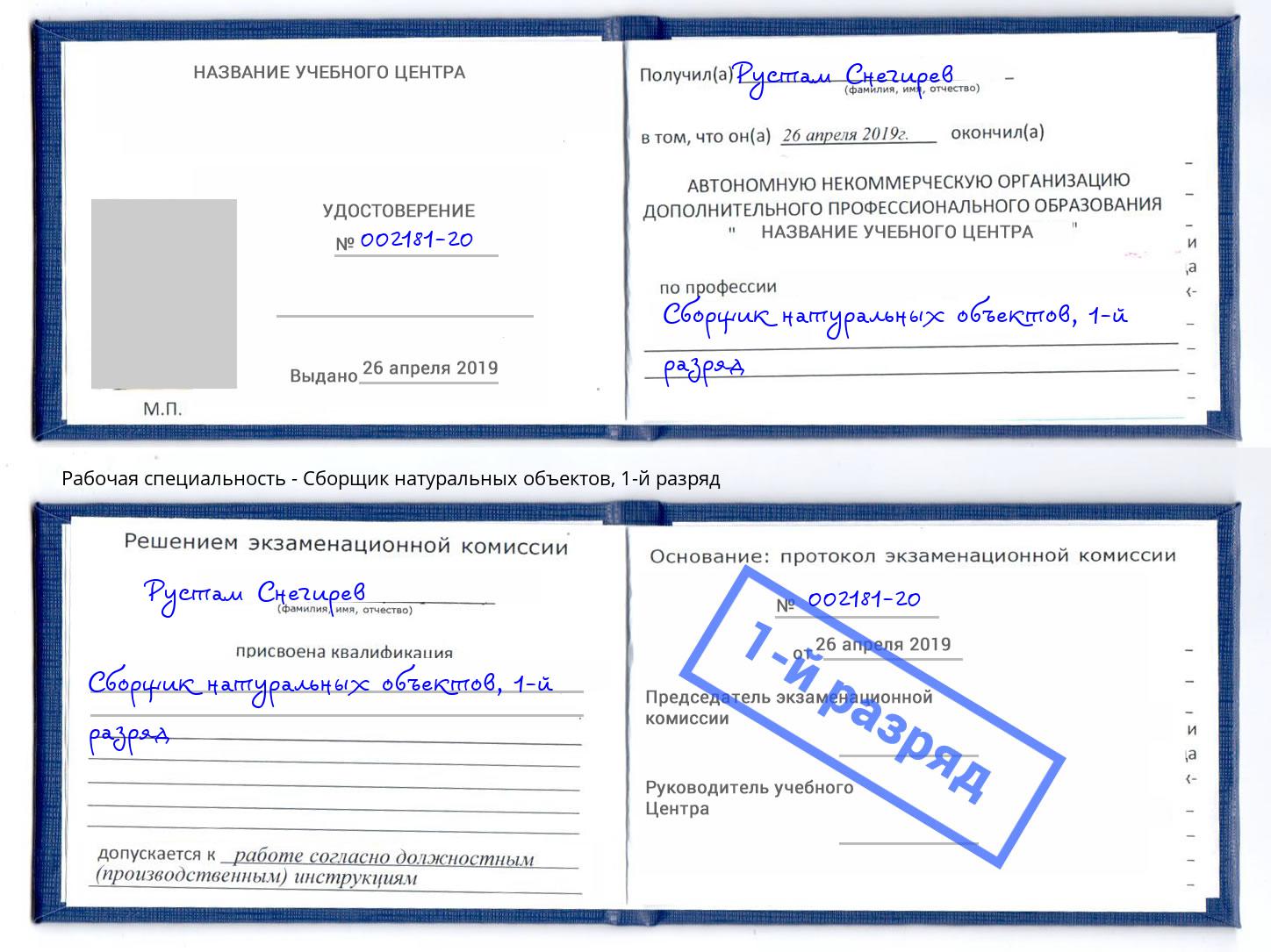 корочка 1-й разряд Сборщик натуральных объектов Кольчугино