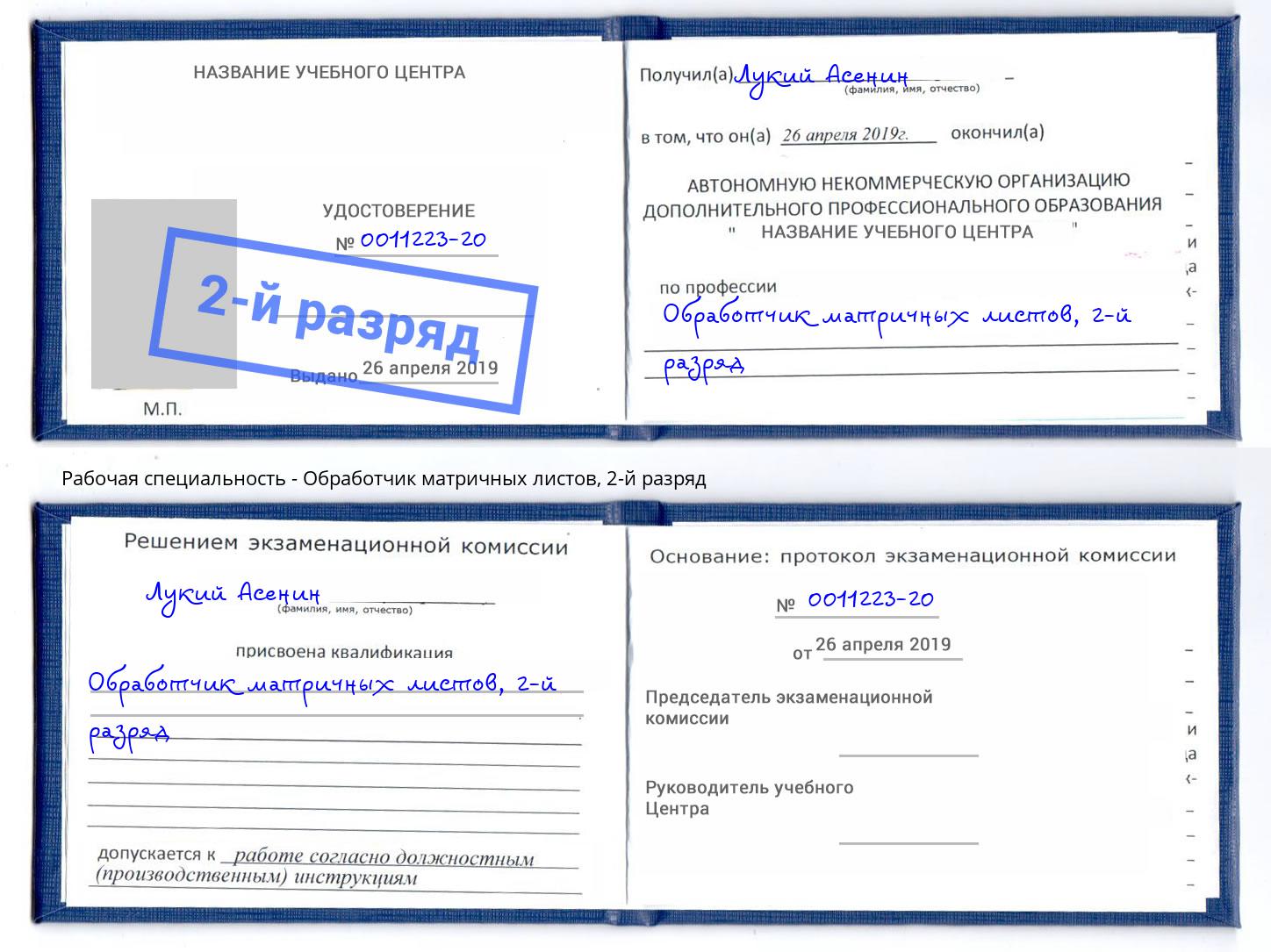 корочка 2-й разряд Обработчик матричных листов Кольчугино